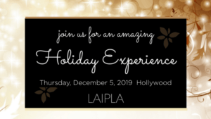 Banner for LAIPLA holiday party in Hollywood, December 5, 2019