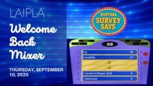 LAIPLA Welcome Back Mixer banner promoting virtual Survey Says game